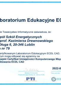 Certyfikat Laboratorium Edukacyjnego ECDL CAD