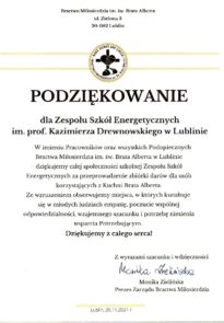 Podziękowanie dla szkoły za zbiórkę darów