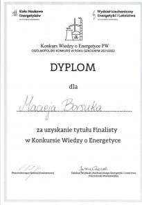 Dyplom w Konkursie Wiedzy o Energetyce PW