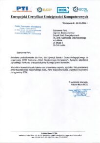 podziękowanie za organizację DBK